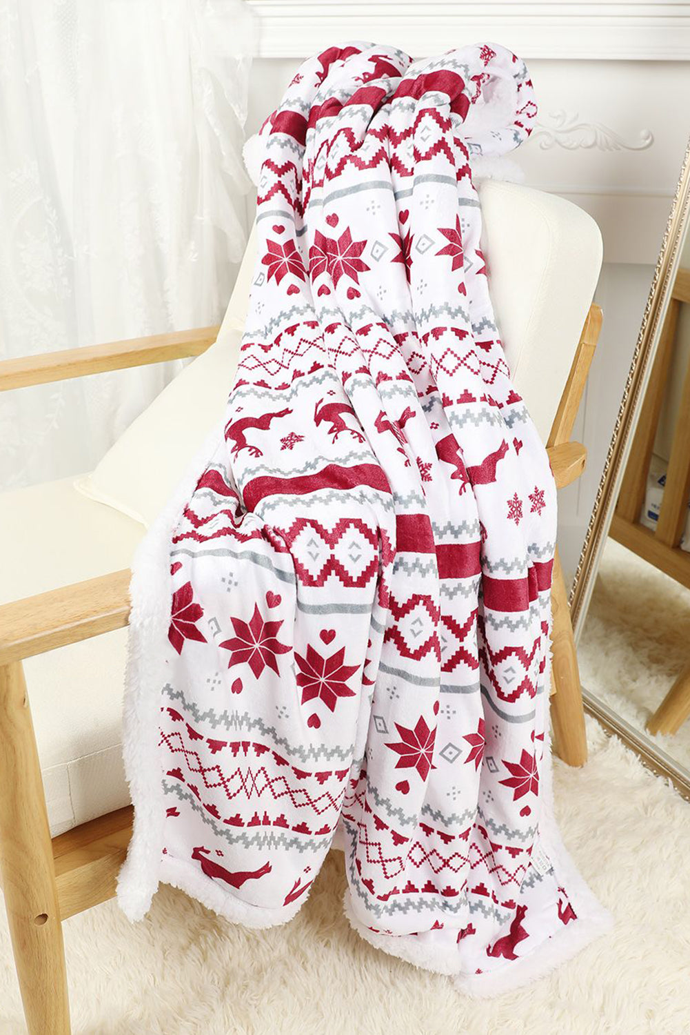 White Christmas Reindeer Snowflake Printed Sherpa Blanket