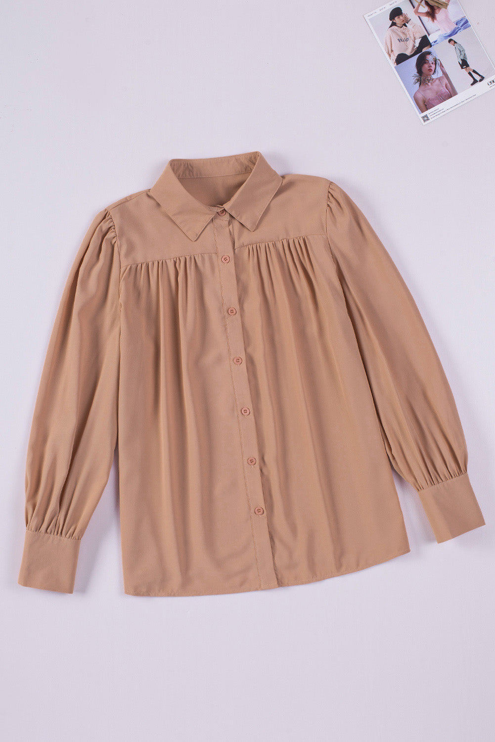 Light Blue Solid Color Button Up Puff Sleeve Casual Pleated Shirt