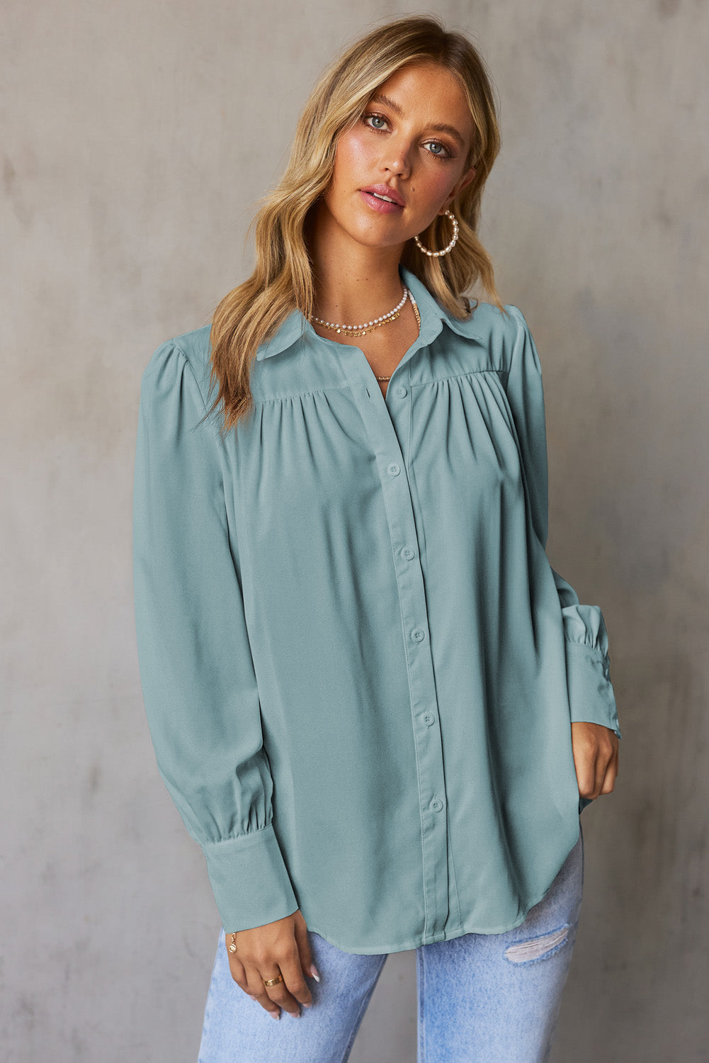 Light Blue Solid Color Button Up Puff Sleeve Casual Pleated Shirt