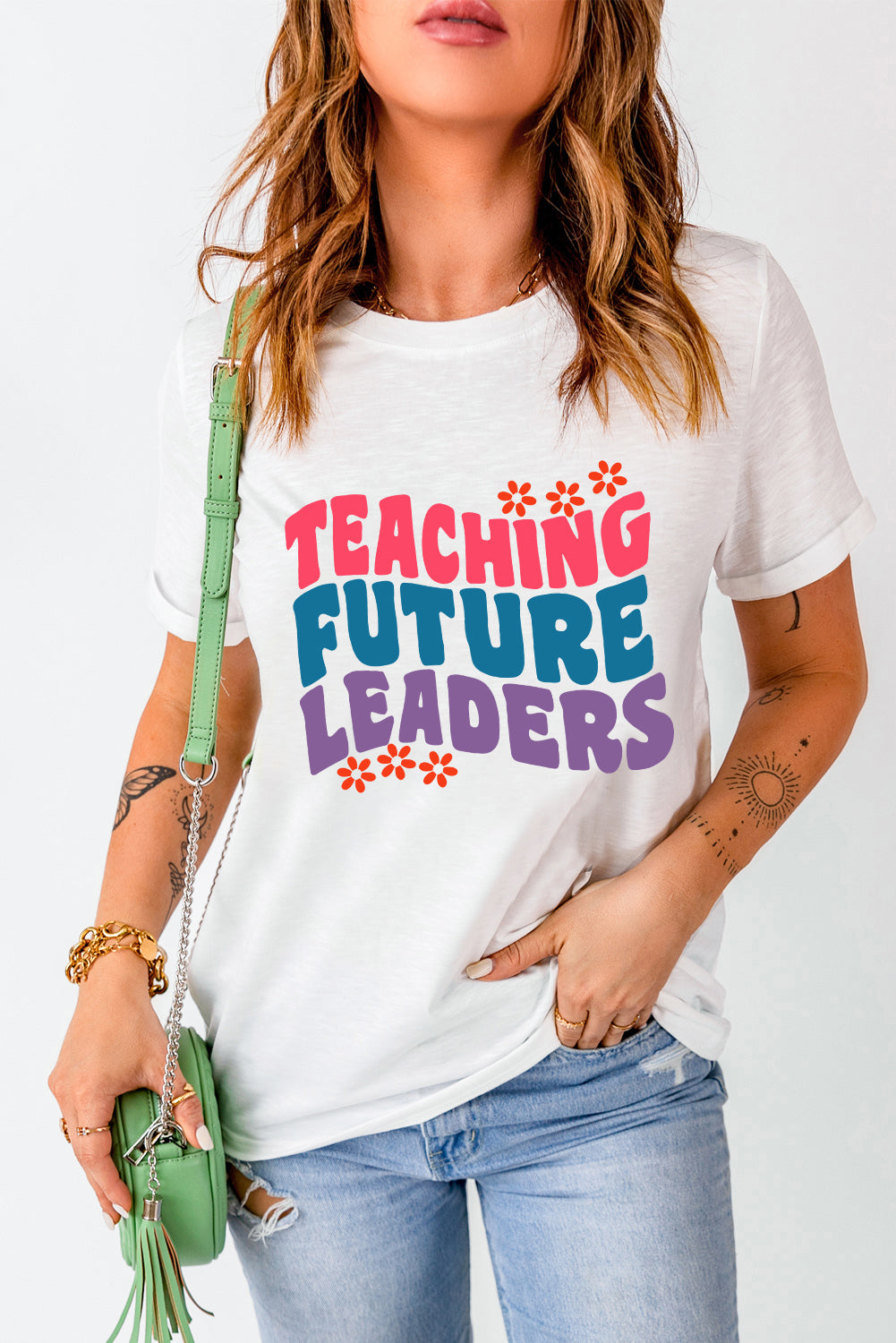 White TEACHING FUTURE LEADERS Floral Graphic Crewneck T Shirt