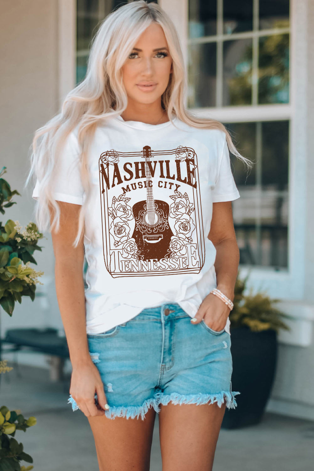 White NASHVILLE MUSIC CITY Graphic Crew Neck Tee