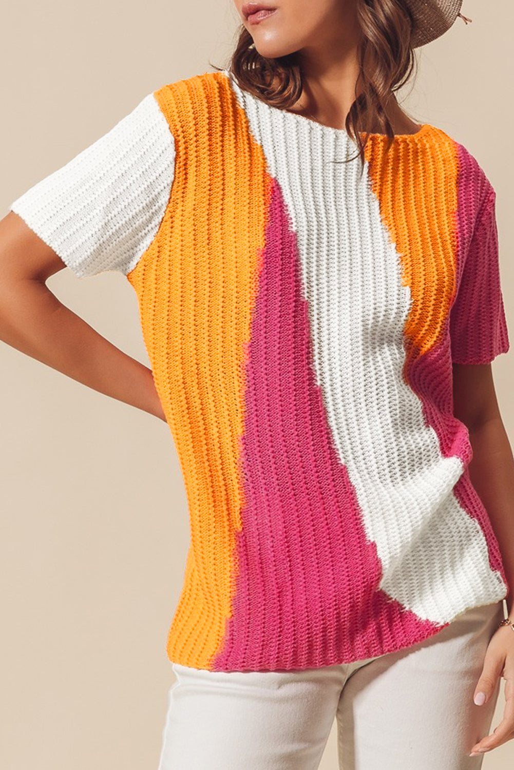 Orange Knit Colorblock Short Sleeve Sweater