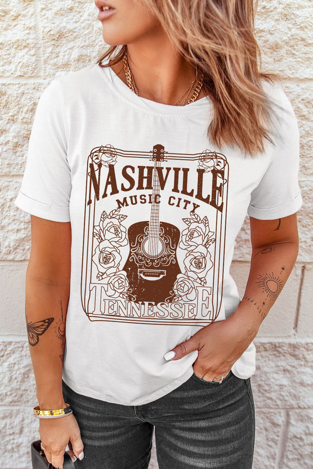 White NASHVILLE MUSIC CITY Graphic Crew Neck Tee