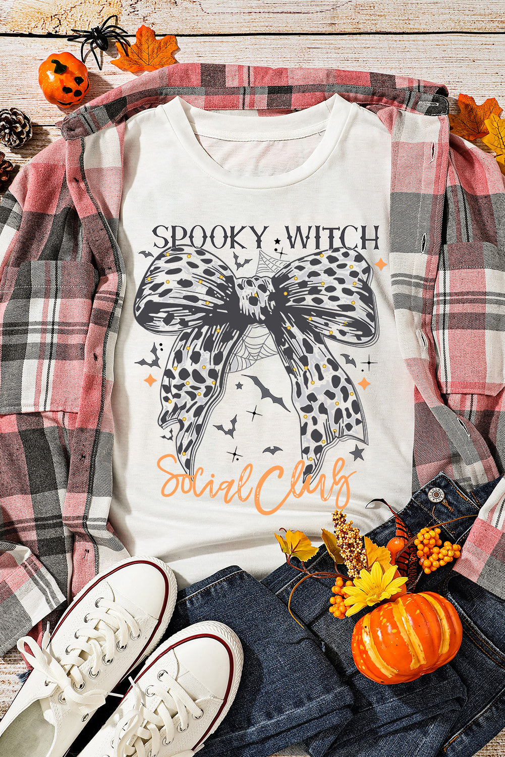 White Halloween SPOOKY WITCH Leopard Bowknot Bat GraphicT Shirt