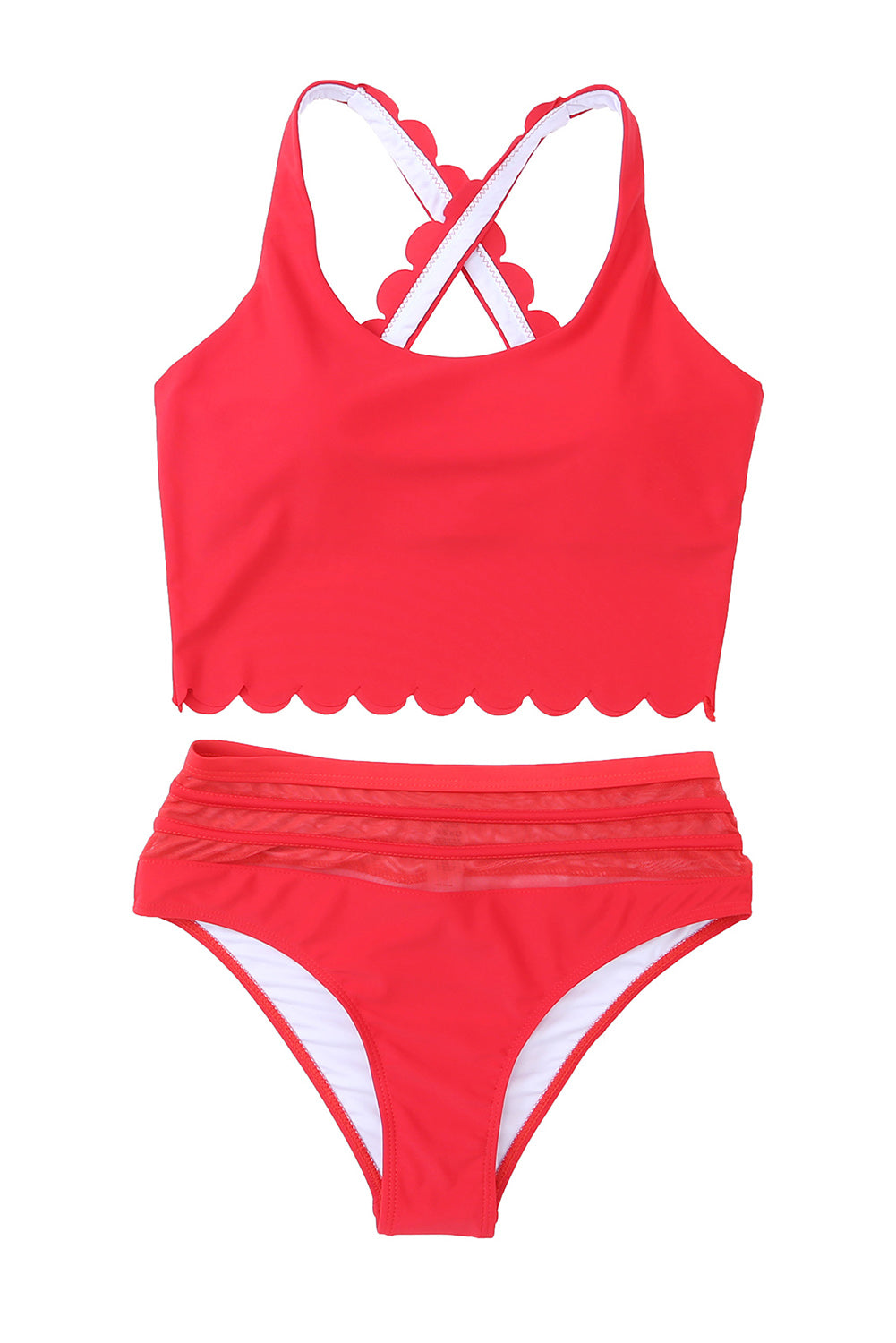 Pink Scalloped Sleeveless High Waisted Two Piece Swimsuit