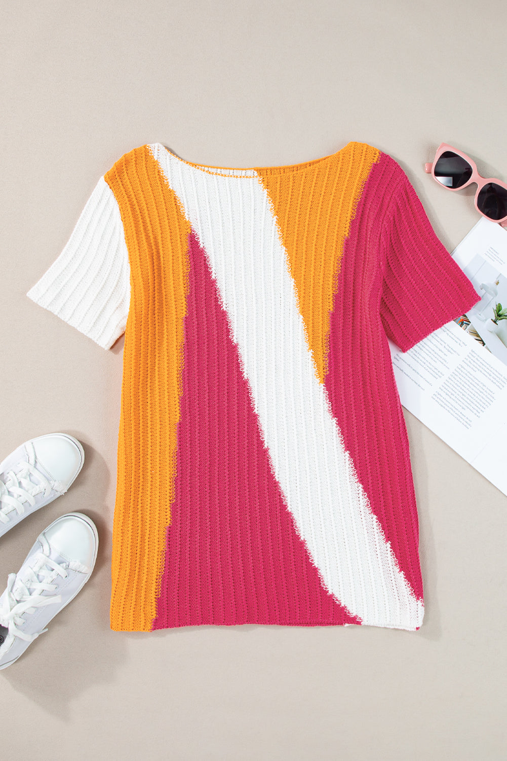 Orange Knit Colorblock Short Sleeve Sweater