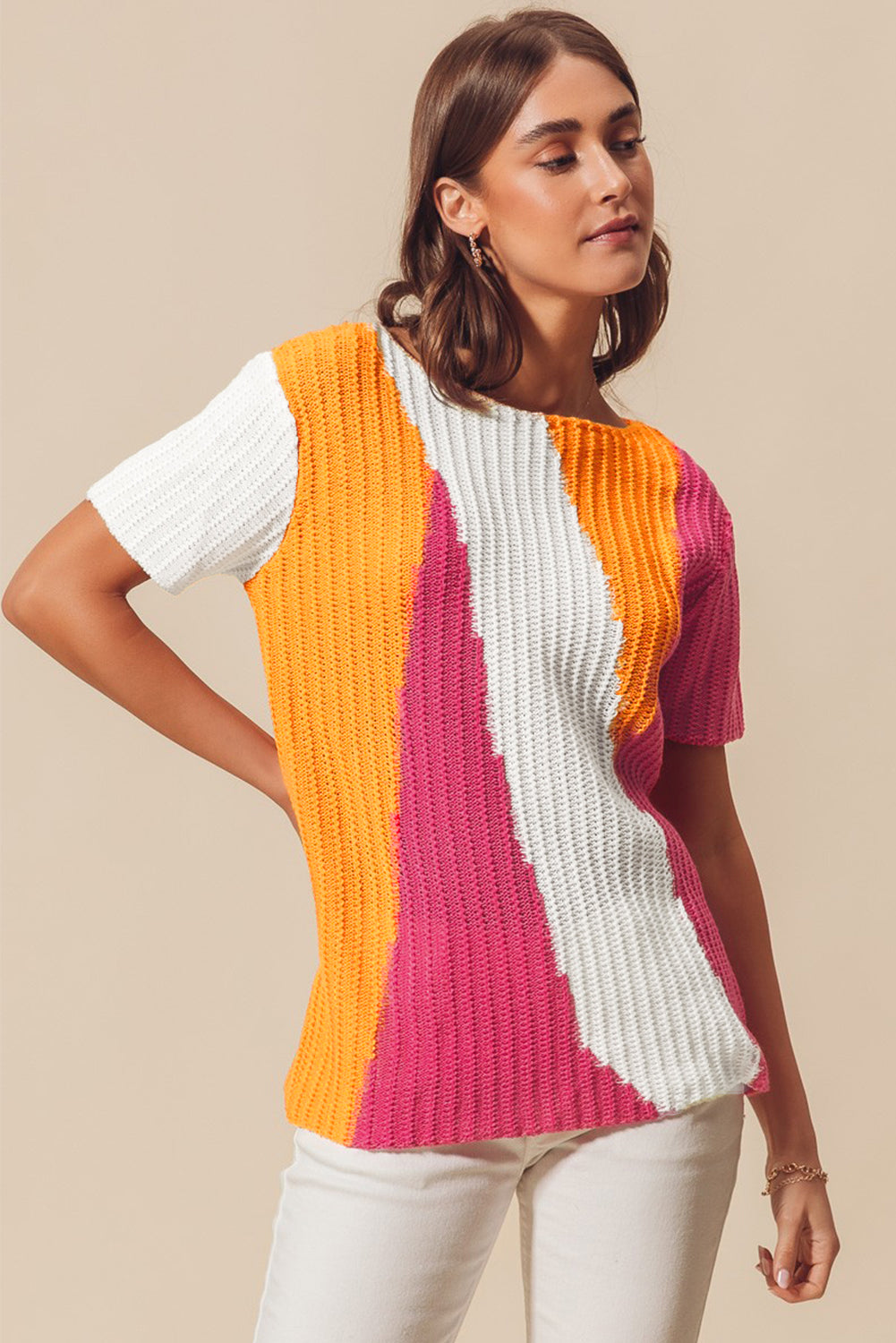 Orange Knit Colorblock Short Sleeve Sweater