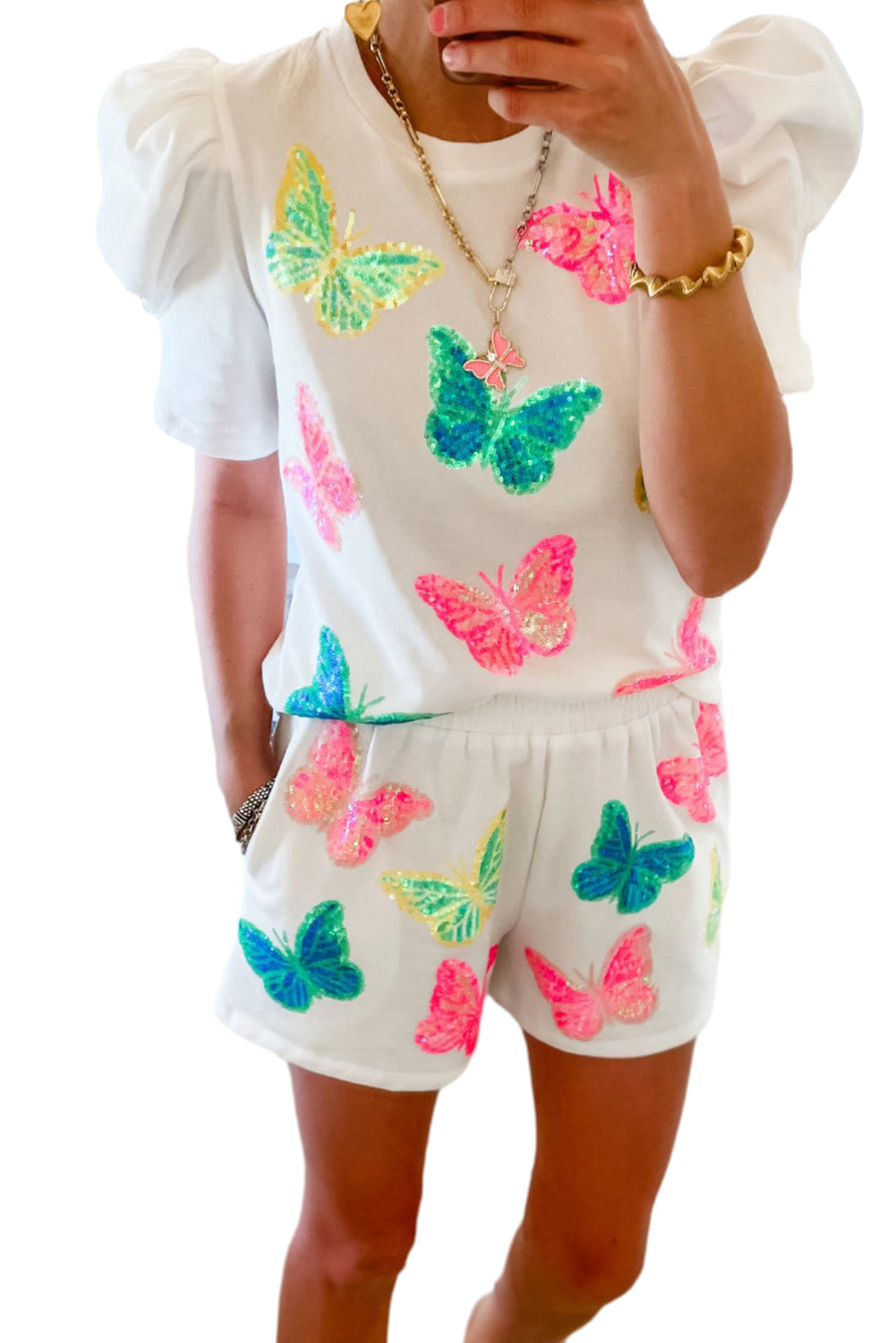 White Colorful Sequin Butterfly Pattern Puff Sleeve Top & Shorts Set