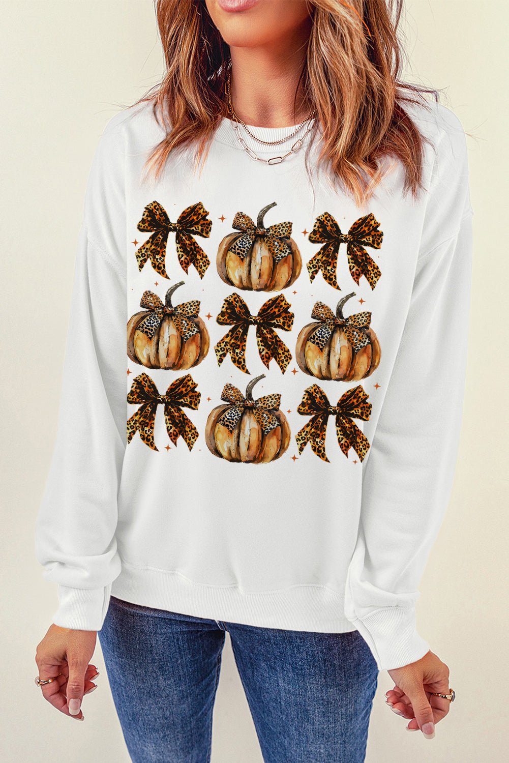 Beige Pumpkin Leopard Bow Knot Graphic Sweatshirt