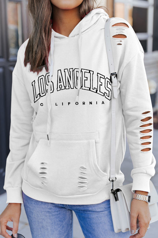 White LOS ANGELES CALIFORNIA Graphic Distressed Sleeve Hoodie