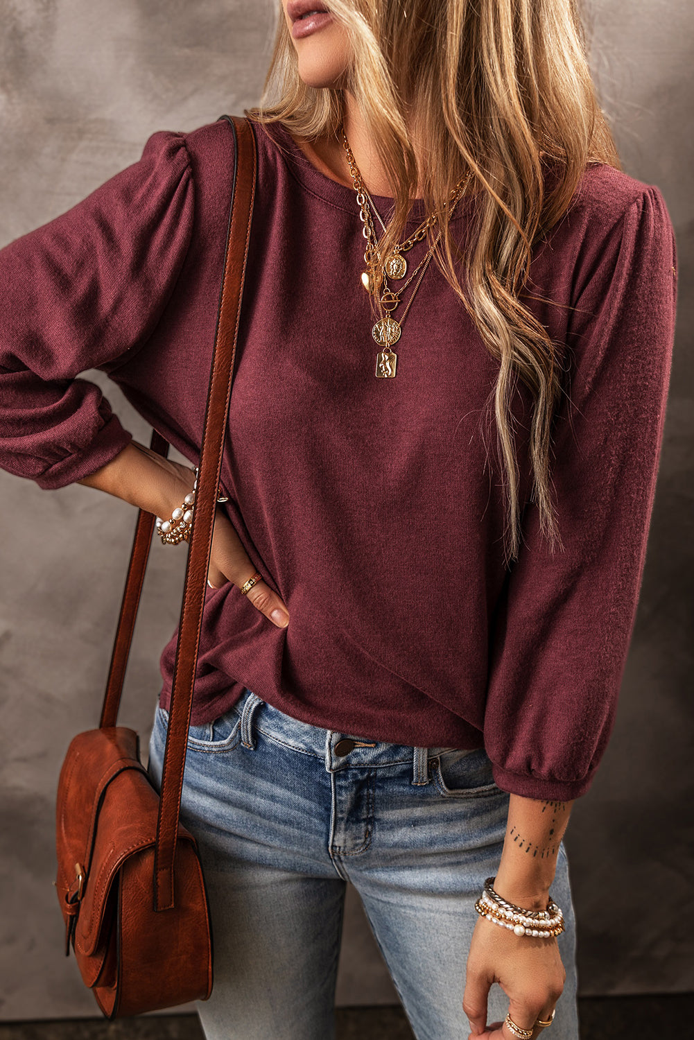 Red Solid Color 3/4 Puff Sleeve Round Neck Top