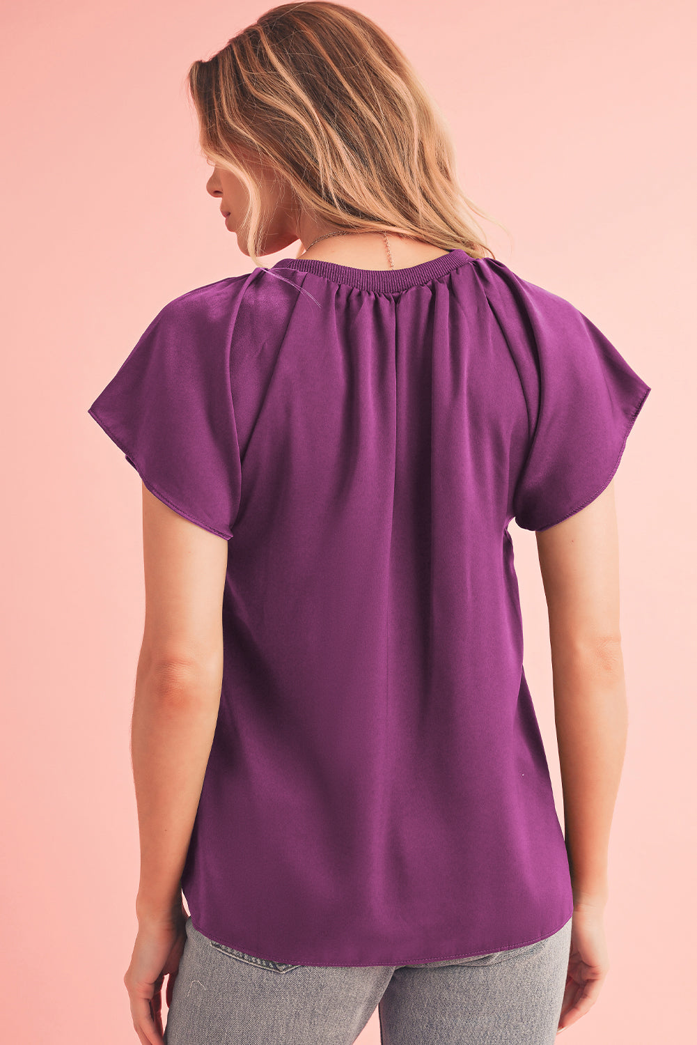 Violet Solid Color Pleated Flutter Sleeve Satin Blouse