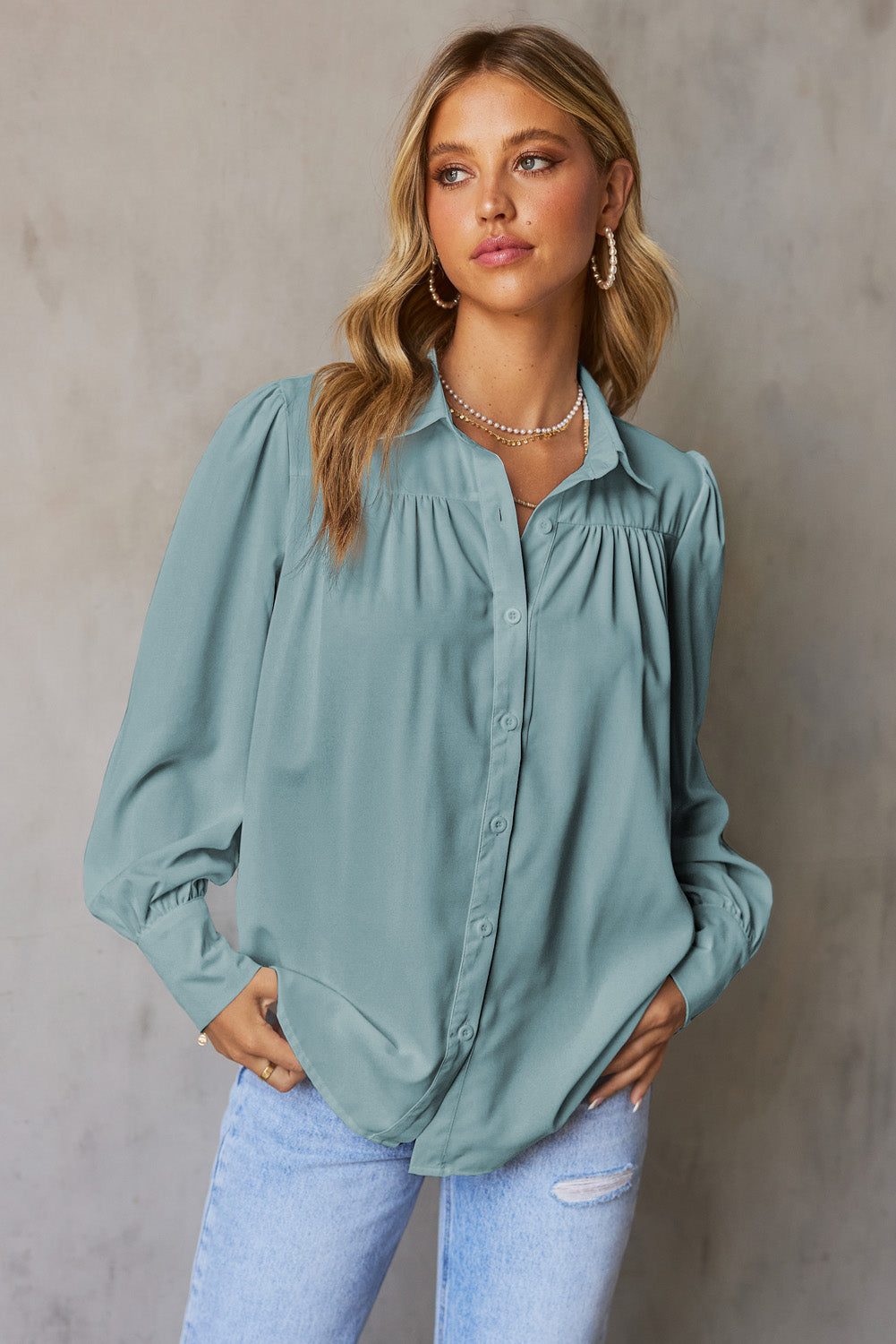 Light Blue Solid Color Button Up Puff Sleeve Casual Pleated Shirt