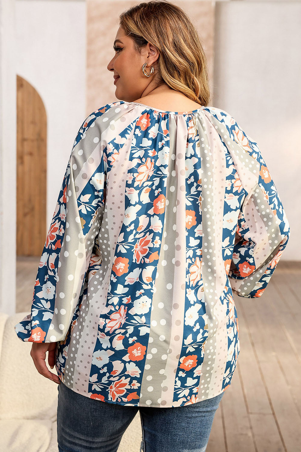 Multicolor Plus Size Mixed Print Split Neck Blouse