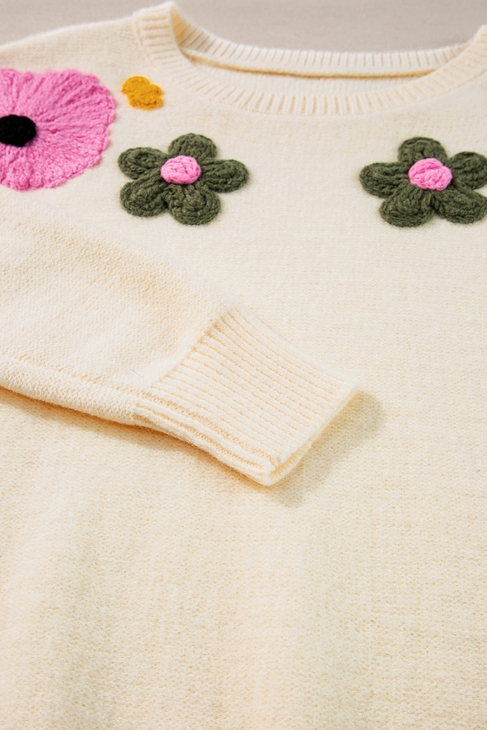 Pink Knitted Flower Pattern Ribbed Edge Sweater