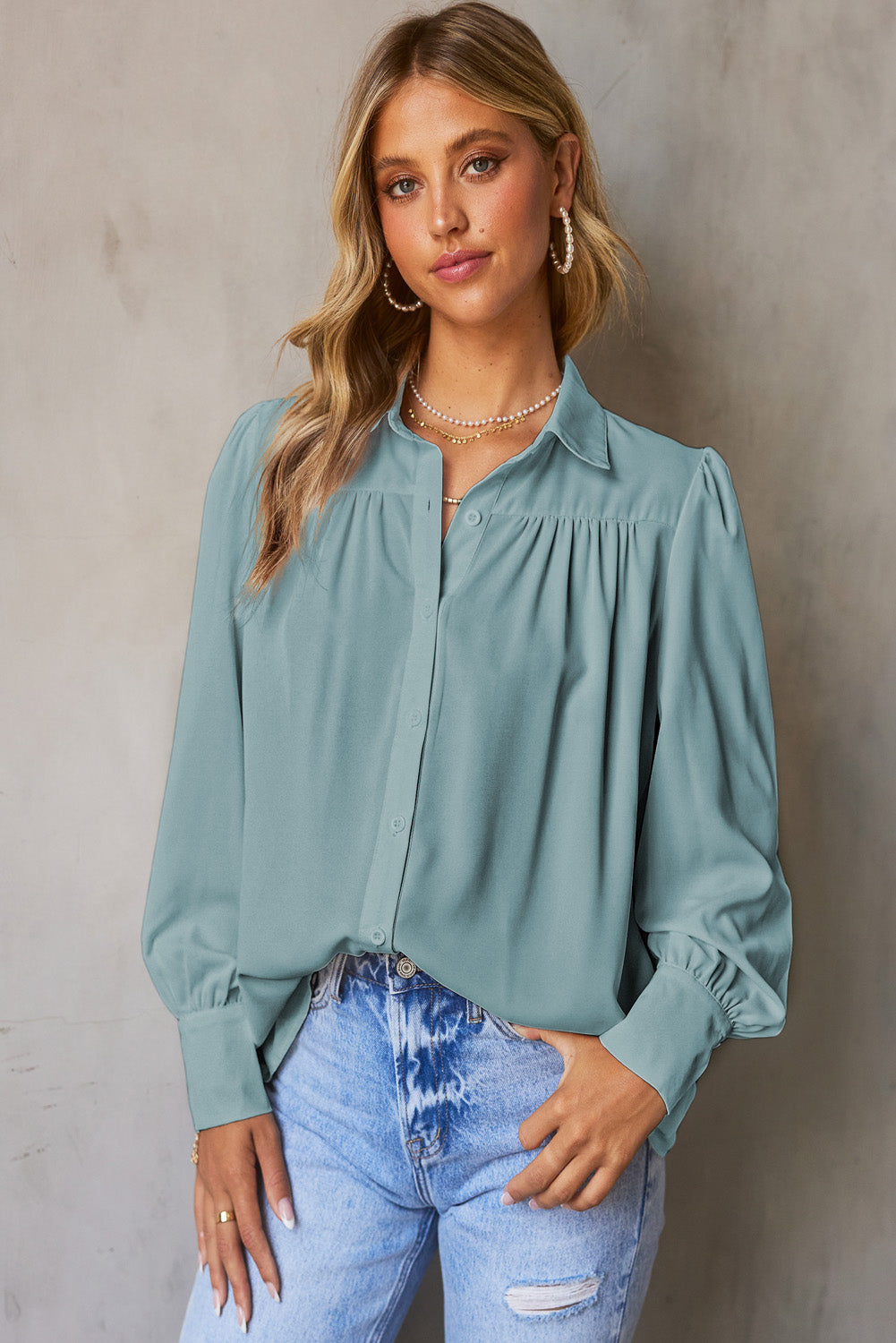 Light Blue Solid Color Button Up Puff Sleeve Casual Pleated Shirt