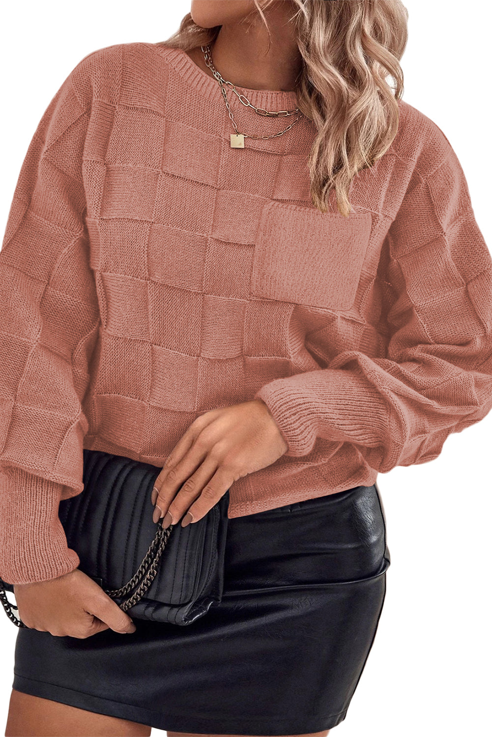 Rose Tan Solid Checkered Textured Knit Plus Size Sweater