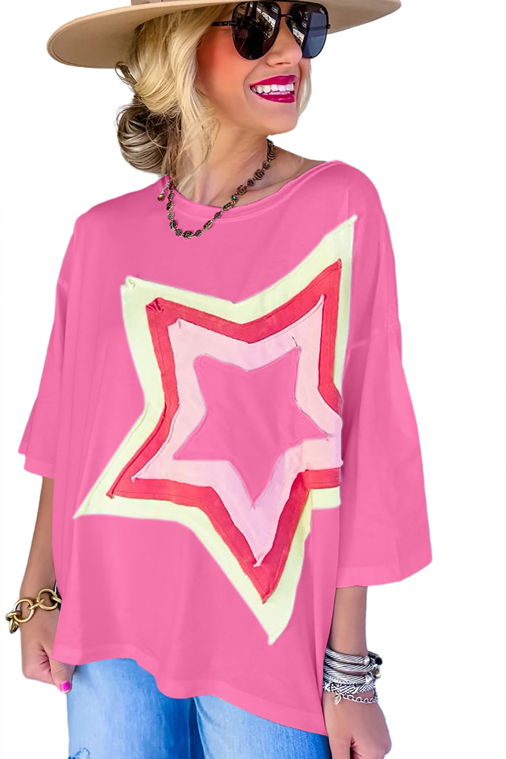 Moonlight Jade Colorblock Star Patched Half Sleeve Oversized Tee