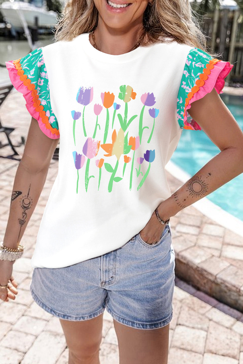 White Flower Graphic Color Block Tiered Sleeve T Shirt