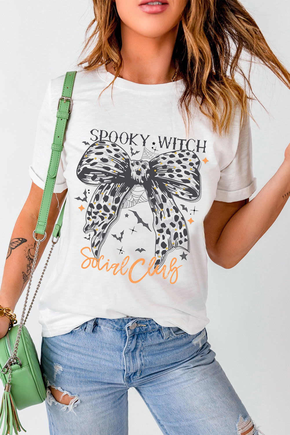 White Halloween SPOOKY WITCH Leopard Bowknot Bat GraphicT Shirt