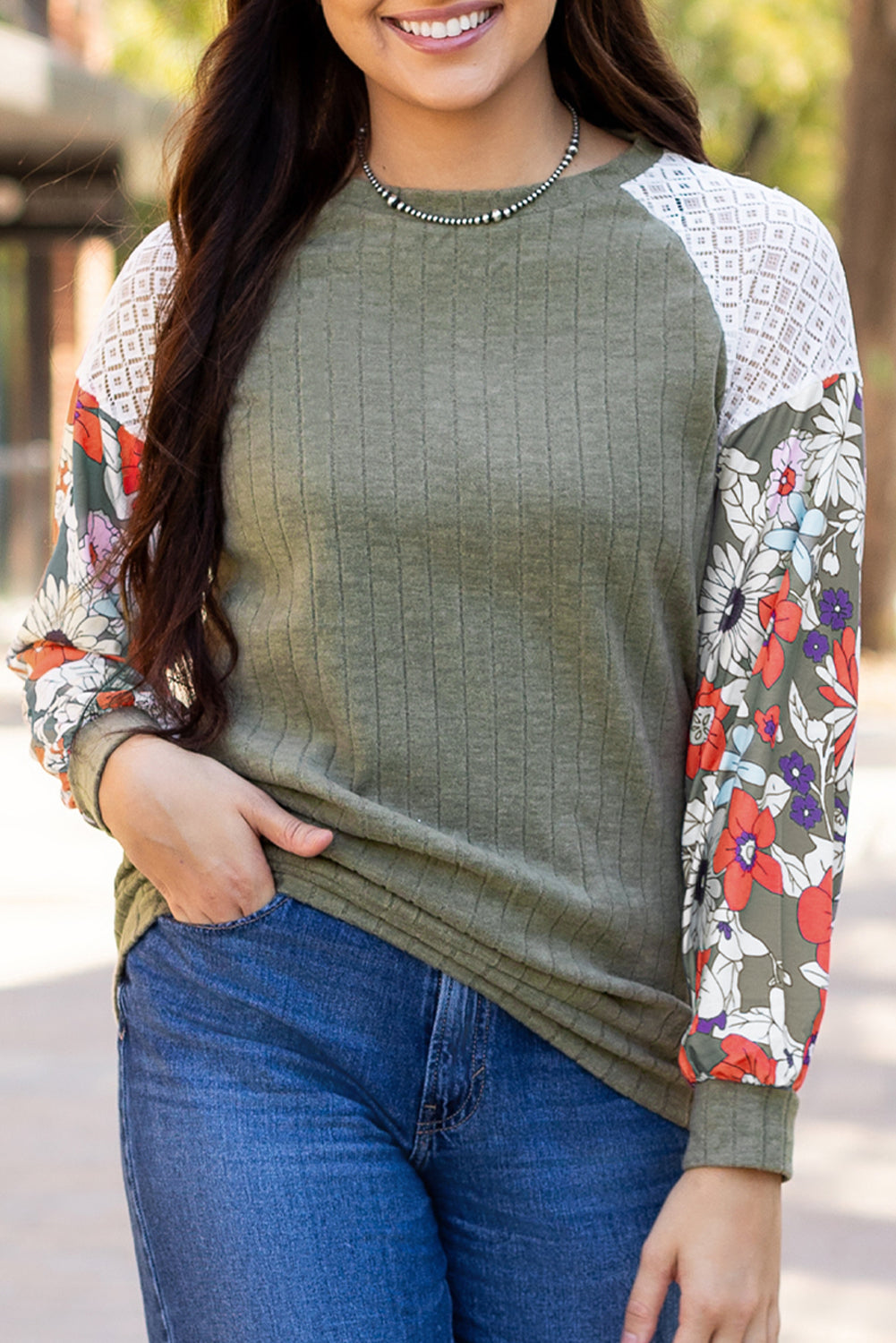 Cinnamon Floral Patchwork Long Sleeve Ribbed Blouse