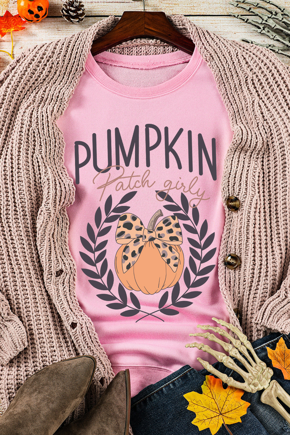 Pink Leopard Bowknot Pumpkin Graphic Crewneck Sweatshirt