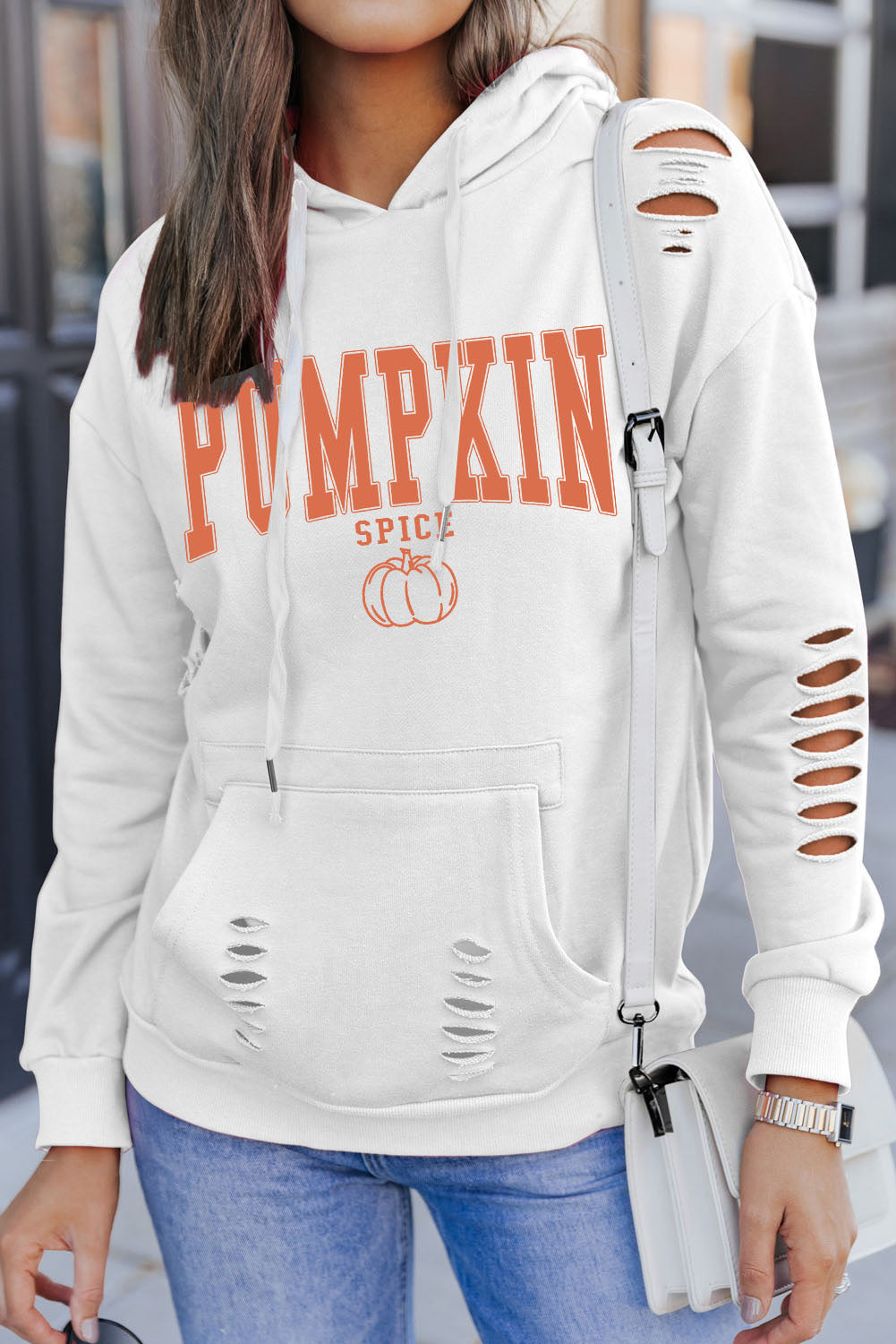 White PUMPKIN SPICE Distressed Hoodie