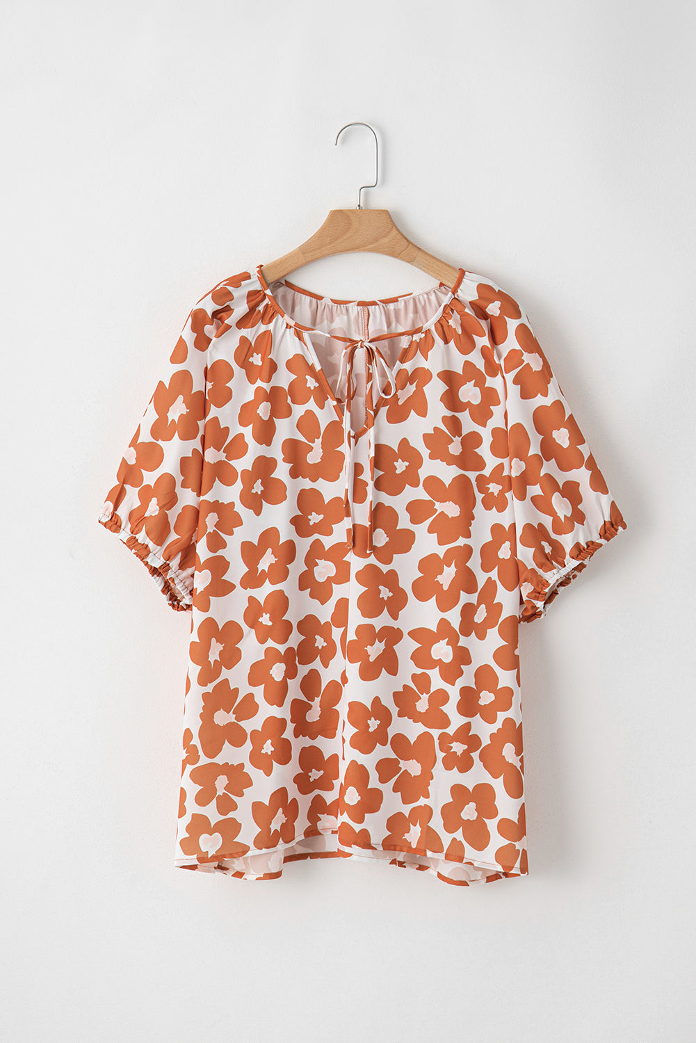 Orange Plus Size Floral Print Drawstring V Neck Short Sleeve Blouse