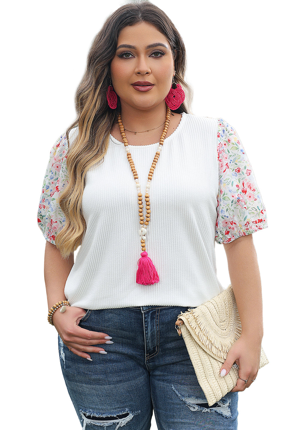 White Contrast Floral Puff Sleeve Ribbed Knit Plus Size Blouse