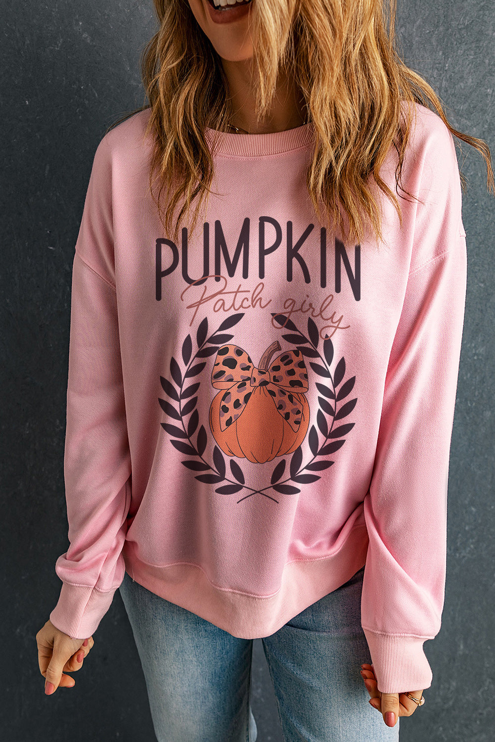 Pink Leopard Bowknot Pumpkin Graphic Crewneck Sweatshirt