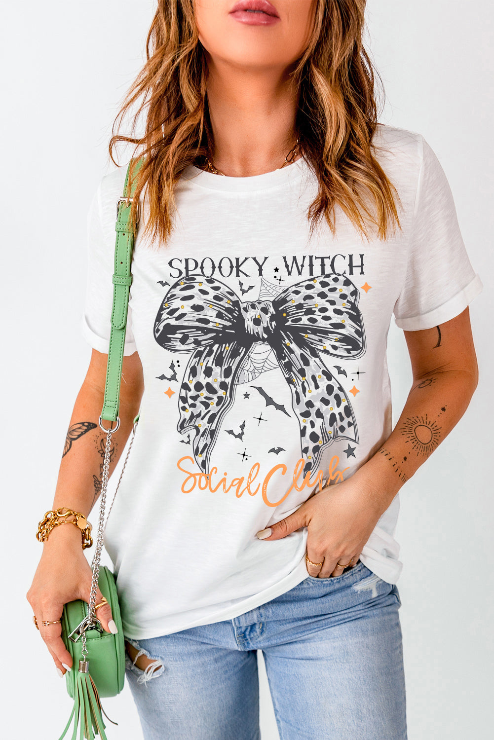 White Halloween SPOOKY WITCH Leopard Bowknot Bat GraphicT Shirt