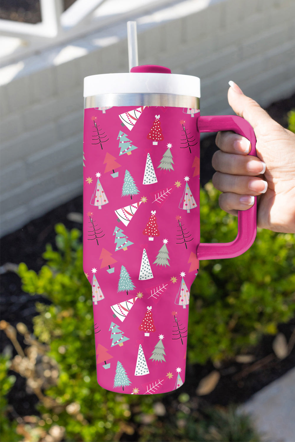 White Cartoon Christmas Tree Printed Thermos Cup 40oz