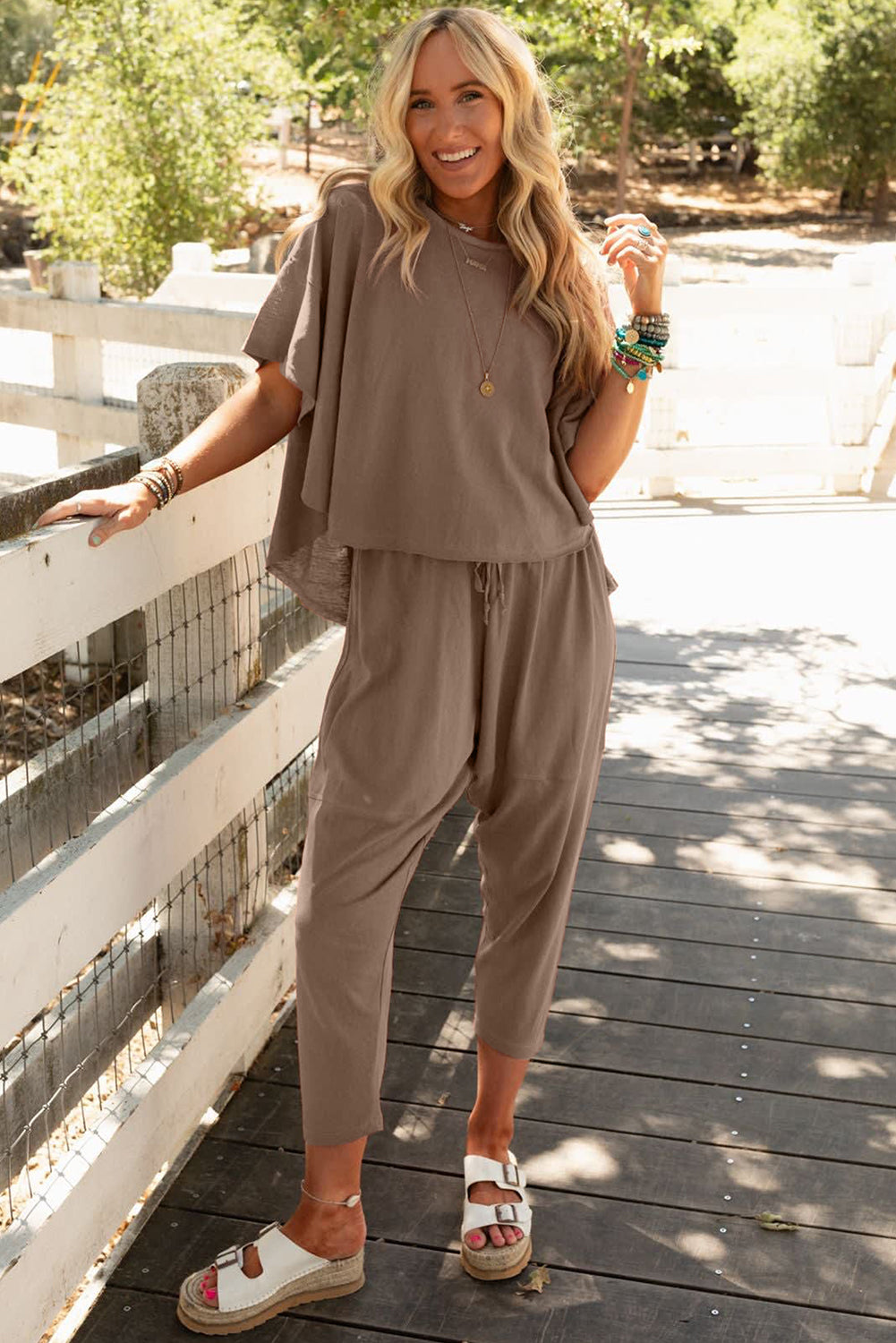 Simply Taupe High Low Boxy Fit Tee and Crop Pants Set