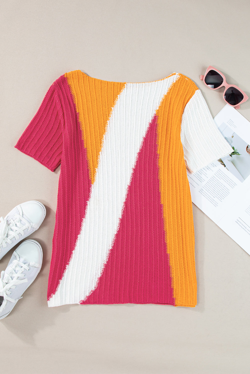 Orange Knit Colorblock Short Sleeve Sweater