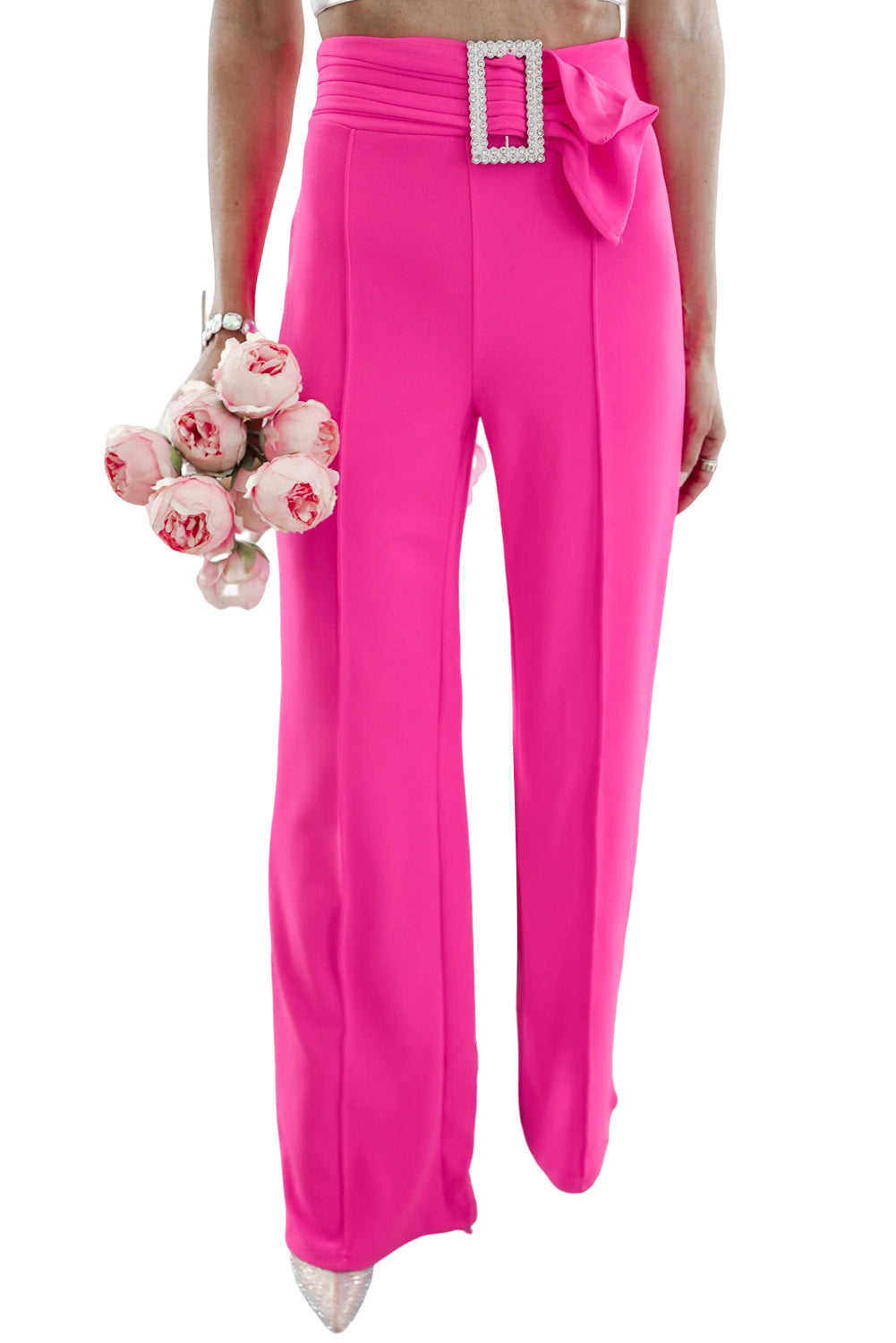 Rose Rhinestone Buckle Sash Wide Leg Pants