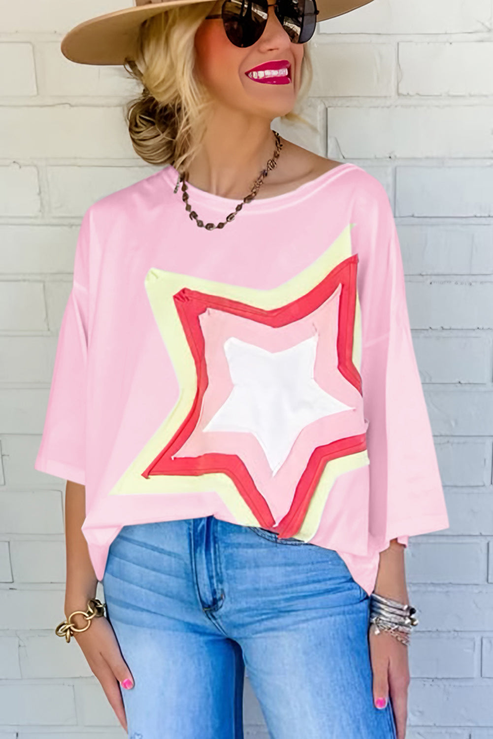 Moonlight Jade Colorblock Star Patched Half Sleeve Oversized Tee