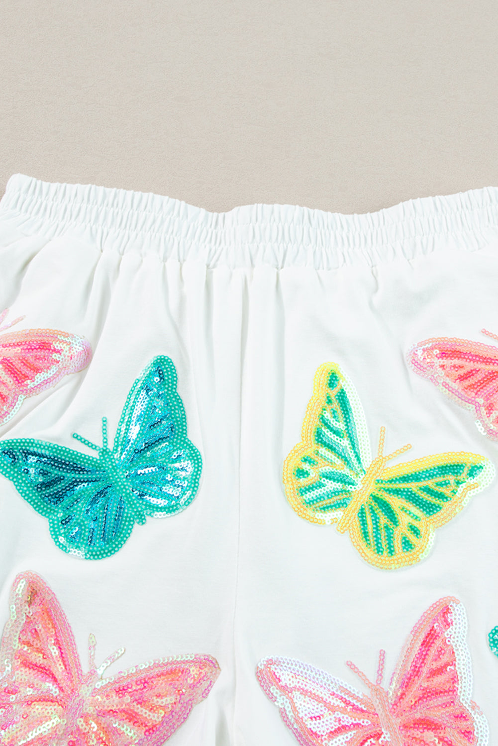 White Colorful Sequin Butterfly Pattern Puff Sleeve Top & Shorts Set