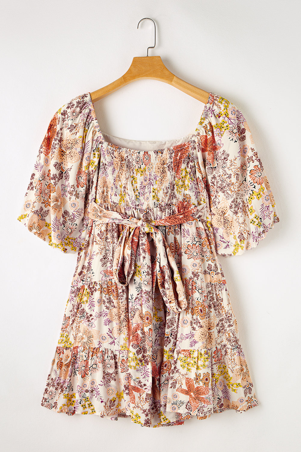 Khaki Floral Short Sleeve Square Neck Mini Dress