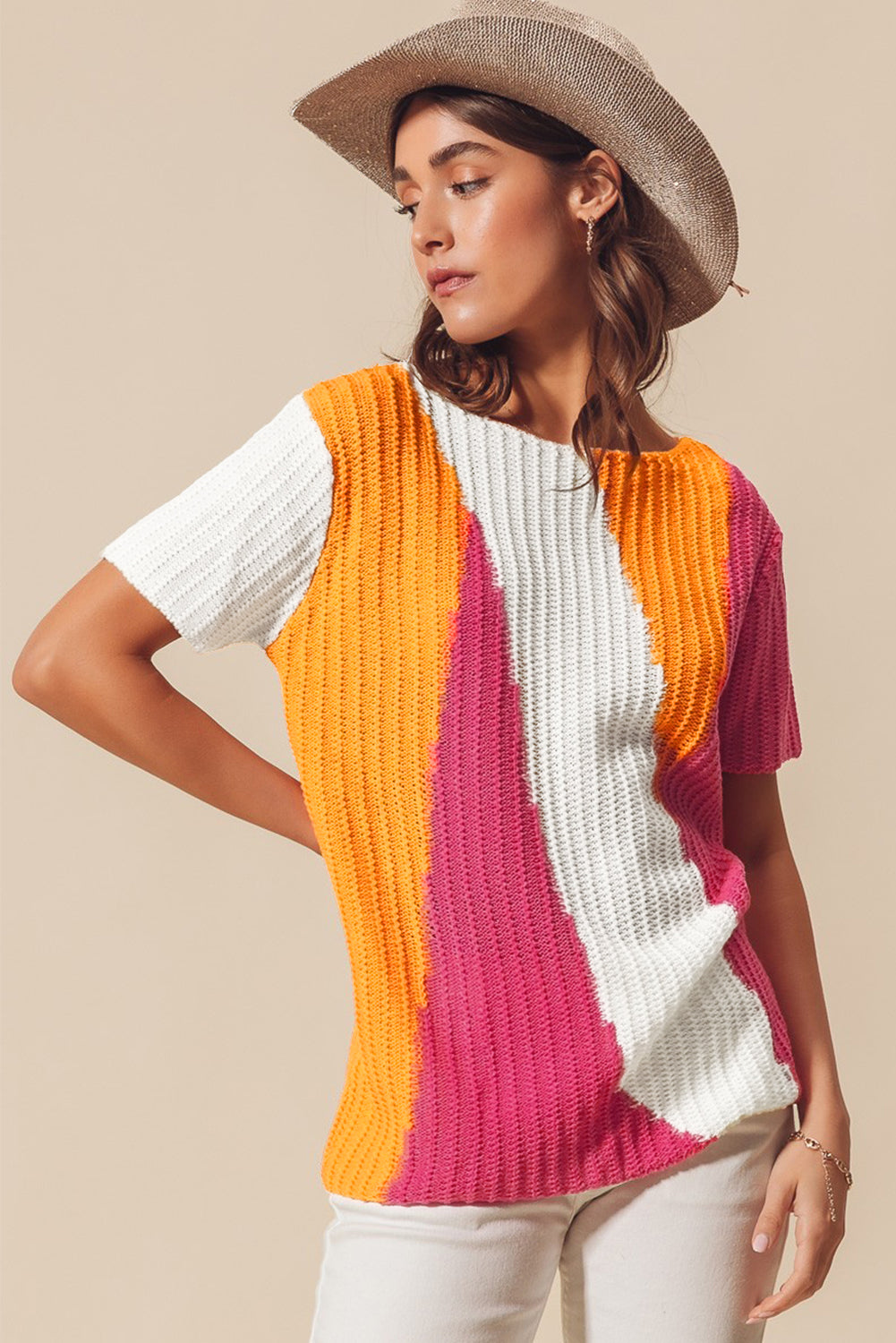 Orange Knit Colorblock Short Sleeve Sweater