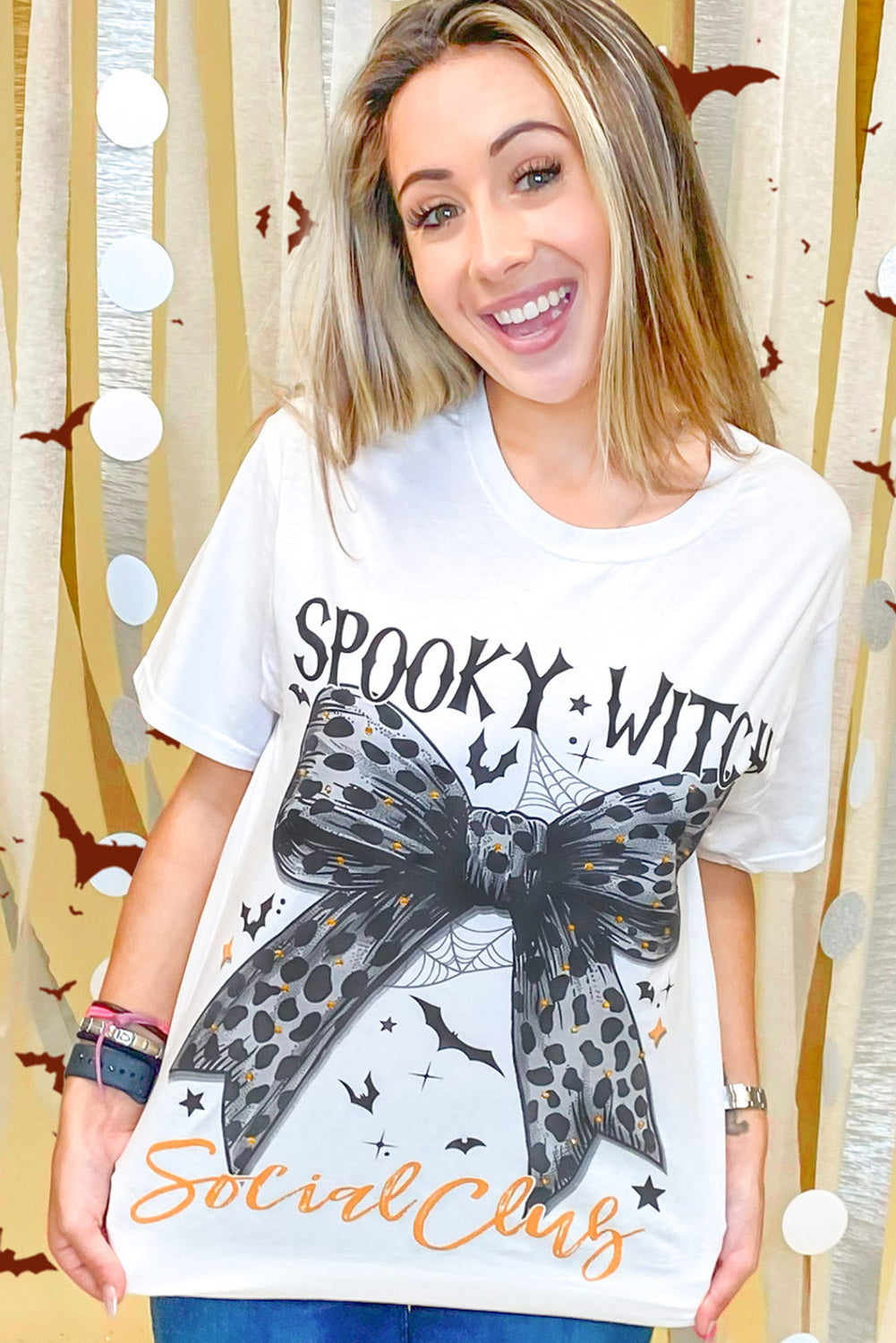 White Halloween SPOOKY WITCH Leopard Bowknot Bat GraphicT Shirt