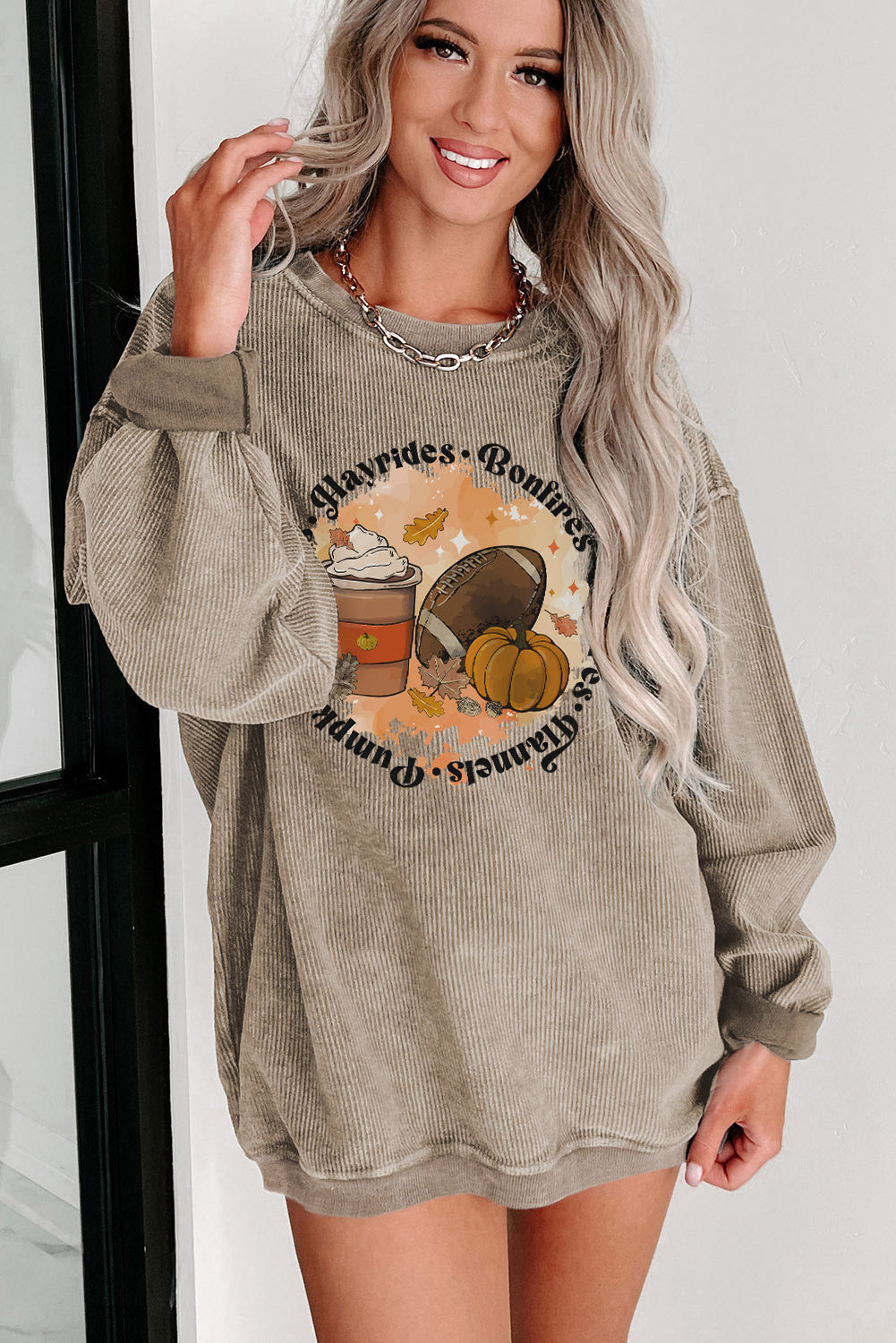 Khaki Oversized Autumn Vibe Rugby Football Graphic Corded Sweatshirt