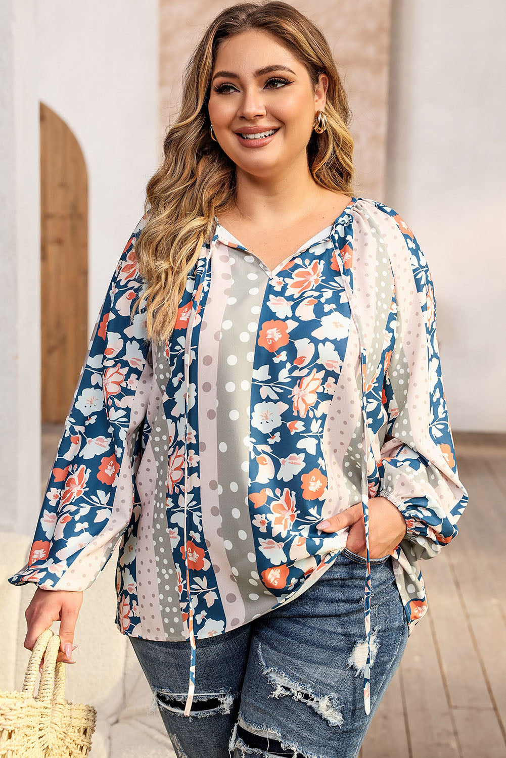 Multicolor Plus Size Mixed Print Split Neck Blouse