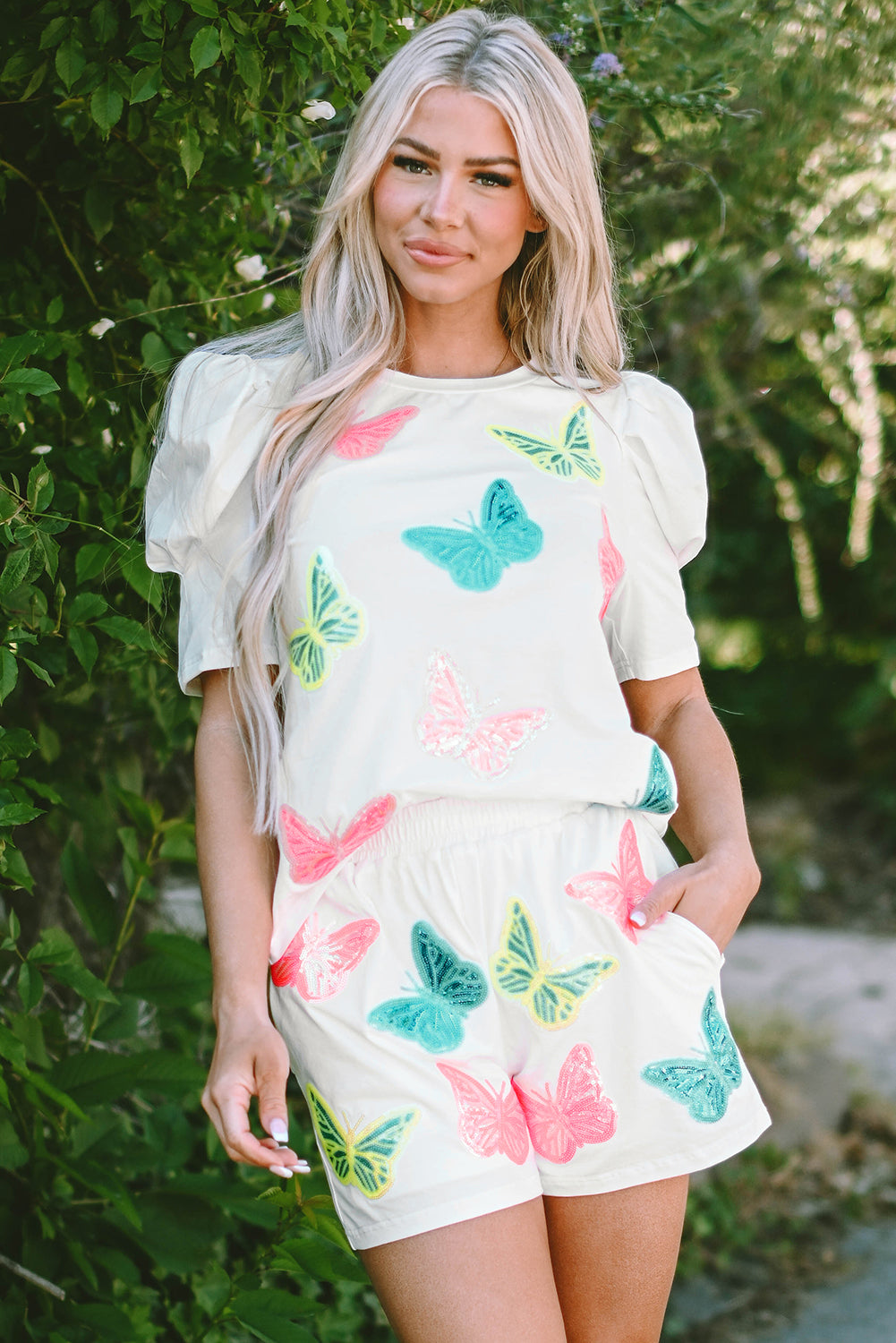 White Colorful Sequin Butterfly Pattern Puff Sleeve Top & Shorts Set