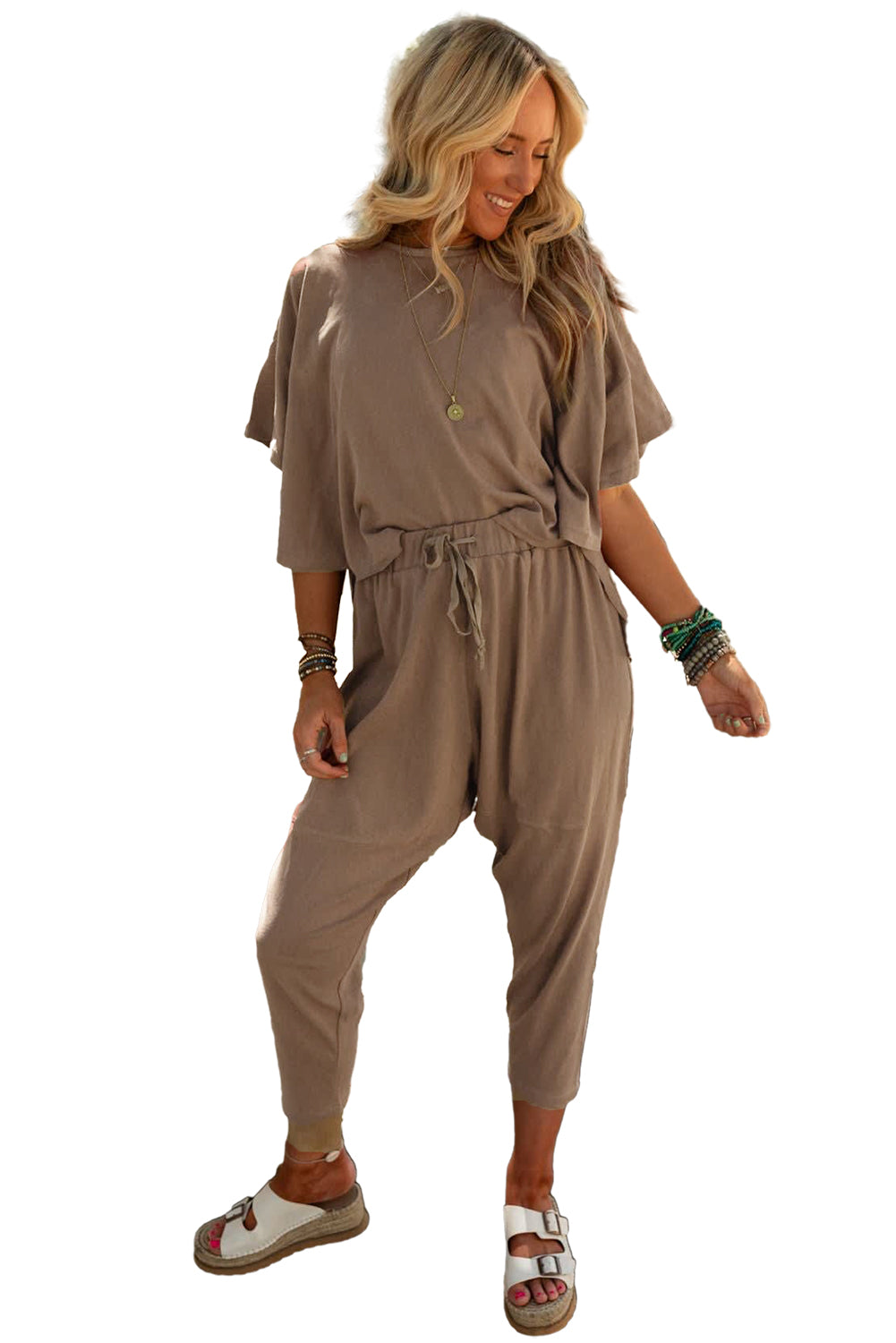 Simply Taupe High Low Boxy Fit Tee and Crop Pants Set