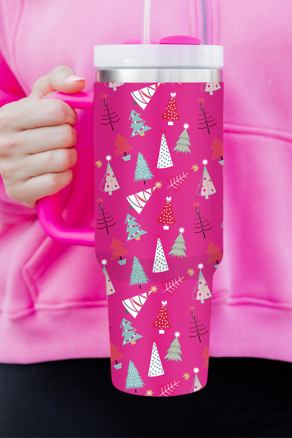 White Cartoon Christmas Tree Printed Thermos Cup 40oz