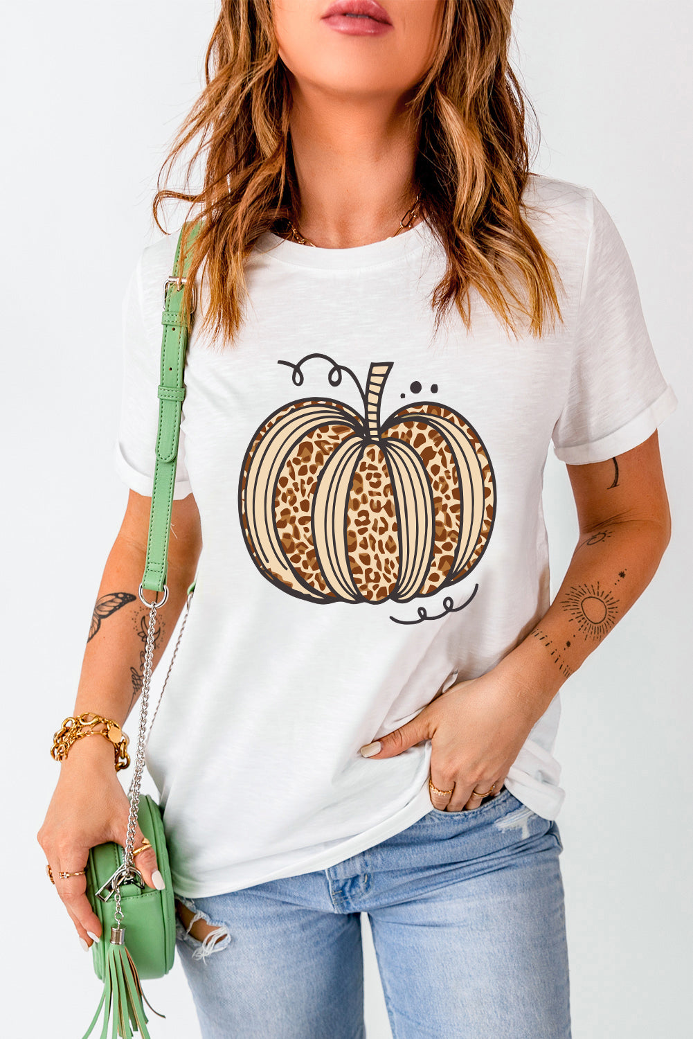 White Halloween Leopard Pumpkin Graphic Crewneck T Shirt