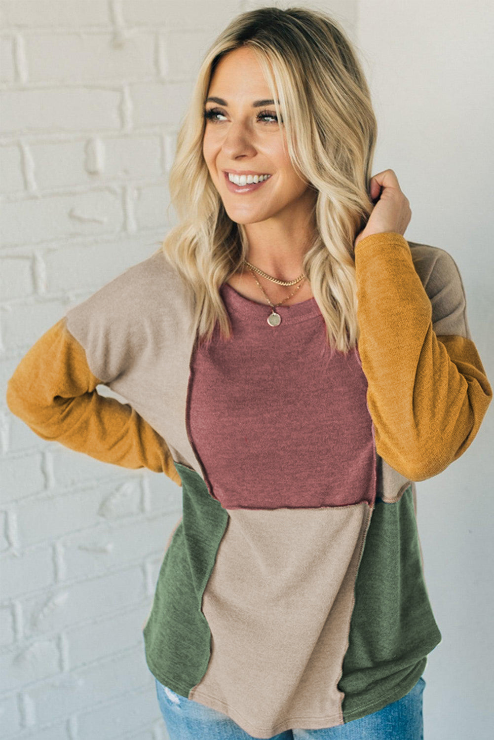 Light French Beige Exposed Seam Colorblock Long Sleeve Top