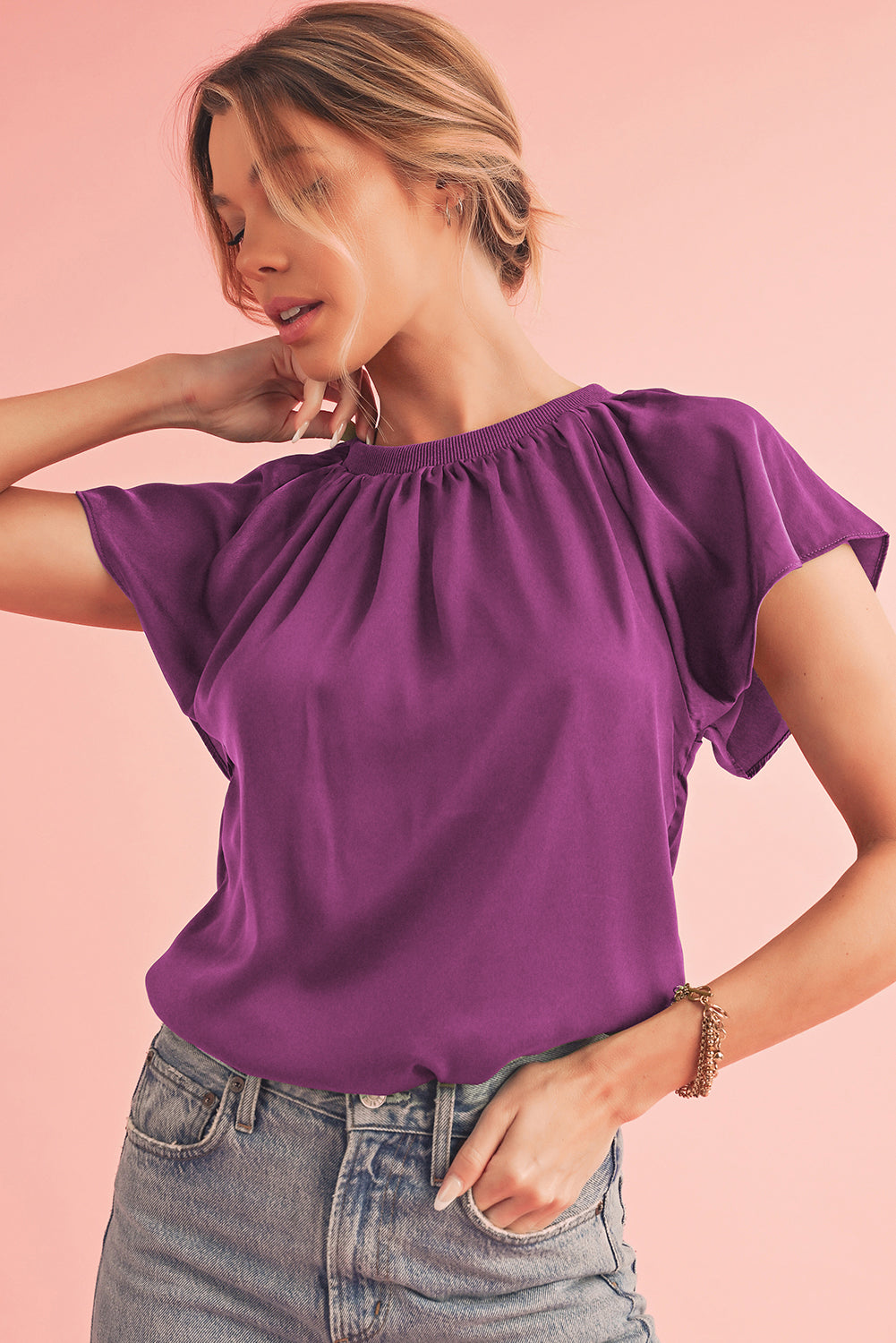 Violet Solid Color Pleated Flutter Sleeve Satin Blouse