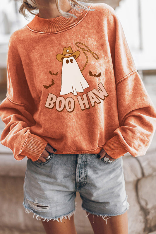 Orange BOO HAW Ghost Halloween Print Drop Sleeve Sweatshirt