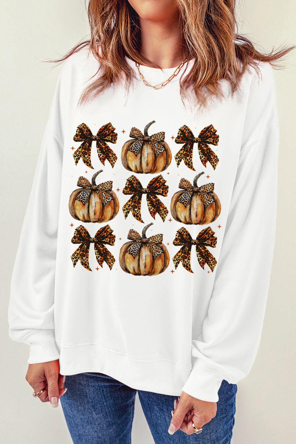 Beige Pumpkin Leopard Bow Knot Graphic Sweatshirt